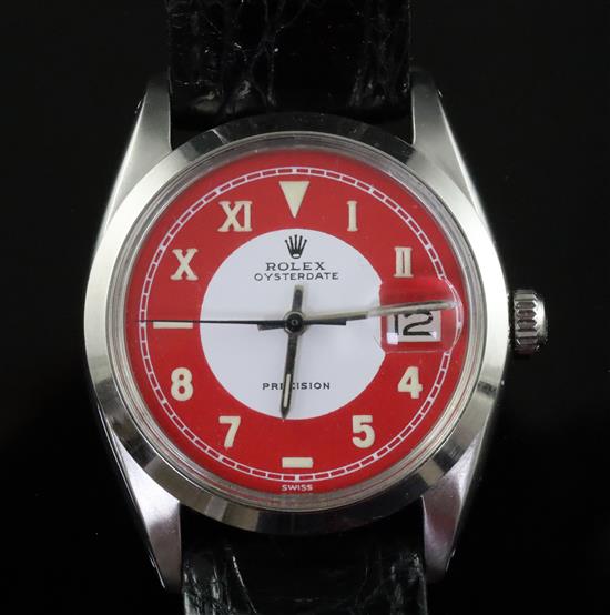 A gentlemans 1950s stainless steel Rolex Oysterdate Precision manual wind wrist watch, with later painted dial?,